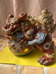 大型・極彩色】九谷焼 玉獅子 狛犬置物 魔除け縁起物 金彩 伝統工芸