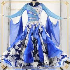 社交ダンス 衣装 スタンダードドレス スタンダード 社交ダンスドレス 競技 デモ ブルー系 青 花柄 上品 水色 白 フロート レース フリル レディース クロッチ