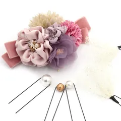 髪飾り 成人式 つまみ細工 振袖 前撮り 袴 6点セット 花 リボン ピンク 紫 白 ゴールド レース パール ビーズ ラインストーン No.12-0534