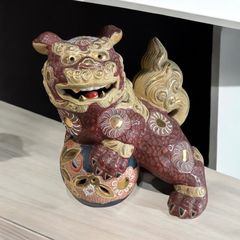九谷焼 赤獅子 色絵 玉獅子 玉乗り獅子 唐獅子 置物 美術品 縁起物 オブジェ 陶磁器 陶器 骨董品 アンティーク