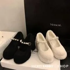 韓国♡ ふわふわ パール フレンチガーリー 丸い厚底ハイヒール白 冬 可愛い靴