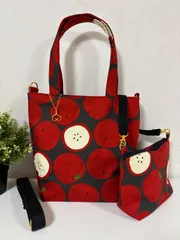 【裁縫ストア・ボヌール】北欧風　オックスフォード 生地　リンゴ柄   アップル柄　トートバッグ　ショルダーバッグ　ポーチ　　ハンドバッグ　ハンドメイド　大人かわいい　/No.500-293