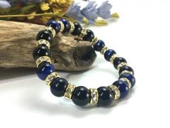 ブルータイガーアイ&オニキス パワーストーン ブレスレット 天然石 10mm （ゴールド）メンズ・レディース　男性・女性　数珠ブレス　開運 [17]