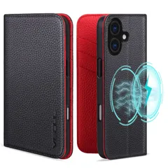 【新着商品】全面保護 柔軟なTPU素材 カード収納 横置きスタンド機能レザーケース MagSafe対応 スマホケース 手帳型ケース アイフォン16 アイホン16 本革 手帳型 対応ケース レッド iPhone16 VISOUL