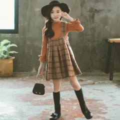 ☆ ブラウン×ブラウン ☆ 150cm ☆ ワンピース スーツ 女の子 シンプル フォーマル ワンピース キッズ 女の子 長袖 サロペット ジャンスカ セットアップ トップス スカート セット ジャンパースカート フォーマル ドレス 子供 子供服 子ども