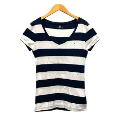 トミーヒルフィガー TOMMY HILFIGER Tシャツ Vネック コットン ボーダー 半袖 S 紺 ネイビー 白 ホワイト