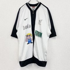 古着 used　90s　NIKE ナイキ　半袖フルジップジャージ　スウッシュロゴ　プリントデザイン　バイカラー　黒　白　Mサイズ