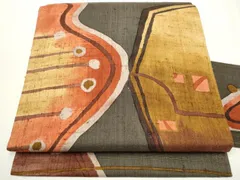 平和屋着物●九寸名古屋帯　作家物　生紬　型染め　幾何学文様　正絹　逸品　CAAY9615hy