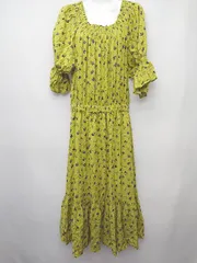 ◇ earth music&ecology アース ミュージック 総柄 七分袖 膝下丈 ワンピース サイズF ライトグリーン マルチ レディース P  【1406240026760】