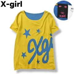 【ビックシルエット】 【美品】  エックスガール X-girl ビックロゴ 半袖 ニット Tシャツ  1 星柄 マスタード x ライトブルー レディース ユニセックス 着用可♪