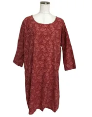 ハンドメイド  レディース  コットン ワンピース 長袖  ひざ丈 フラワープリント レッド 赤 アジアンフラワー