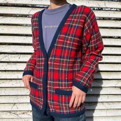USA製 80年代 80s PENDLETON ペンドルトン チェック柄 総柄 ウールニット カーディガン 古着 Ｓ レッド 赤 ヴィンテージ ビンテージ【f231117018】