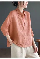 ブラウス シャツ 夏 レディース 七分袖 シャツ 綿麻風シャツ フェイクレイヤード 薄手 リネン コットン vネック プルオーバー シャツブラウ