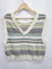 ◇ ⊂ niko and … ニコアンド ボーダー Vネック ニット ベスト サイズ3 アイボリー系 マルチ レディース E  【1411130011870】