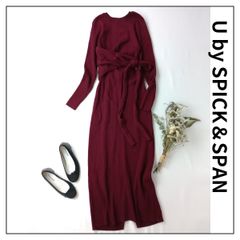 U by SPICK＆SPAN スピック＆スパン フロントリボン ニット ワンピース ロング リブ Free ボルドー ワインレッド バーガンディー(76Y＋5926)25A