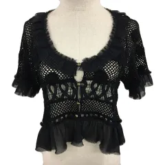 シズカコムロ 4298 SHIZUKA KOMURO カーディガン ボレロ ニット Vネック 切替 レース シフォン コサージュ 透かし編み 半袖 40 黒 ブラック