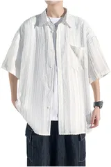 [ゴスファング] メンズ シャツ 半袖 春 夏 ゆったり 大きい ひんやり 接触冷感 シアー ストライプ ポケット付き カジュアル ホワイト 2XL [ホワイト] [2XL]