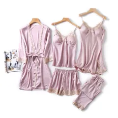 ☆ ピンク ☆ 2XLサイズ ☆ パジャマ五点セット lypaj1 ルームウェア レディース セット 5点 5点セット ネグリジェ ナイトウェア サテン 上下セット ガウン キャミソール ショートパンツ パンツ ワンピース カップ付き おしゃれ お洒落