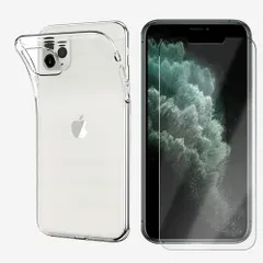 【特価商品】ケース Pro 【液晶保護フィルム・クリアケースセット】 衝撃吸収 2Dソフト保護フィルム 11 4層構造 + iPhone TPU素材 ソフトケース（フィルム:クリアケース:クリア）
