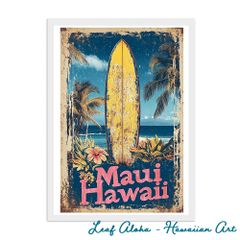 ハワイアンアート 額付き A4｜マウイの波とヴィンテージサーフ No.28 Leaf Aloha