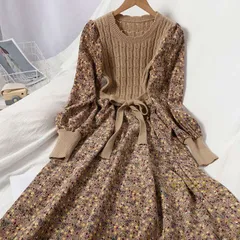 ロングワンピース 未使用 ニット ワンピース レディース ロング丈 秋冬 切替ワンピース ニット 花柄ワンピース 長袖 ベルト付き フレアワンピース 花柄 秋 冬 リブニット ロングワンピ リボン コーデュロイ 防寒 chaoliux37