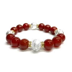 12mm 四神獣銀彫水晶×赤瑪瑙 パワーストーン ブレスレット天然石 運気上昇 開運 金運 ギャンブル運 お守り 青龍 白虎 玄武 朱雀 （ゴールド）メンズ・レディース　男性・女性　数珠ブレス　開運   [6]