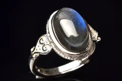 シルバー925◇幻想シラー ブラックラブラドライト　11.5x8mm　オーバル 指輪リング(サイズ調整可) 1個売り  パワーストーン 天然石 _PRG2233