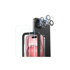 NIMASO ガラスフィルム (2枚) + カメラフィルム (2枚) iPhone15用 強化ガラス 保護フィルム ガイド枠付き カメラ保護 レンズカバー 硬度9H 耐衝撃 自動吸着 アイフォン15対応（6.1インチ） NFP23H713 1