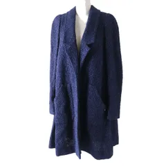 極美品◎正規品 フランス製 CHANEL シャネル P53864 ココマークプレート付き フロントオープン ロングツイードコート 黒×青 38のサムネイル