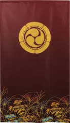 ■SIMON BAKER■のれん「家紋  五つ木瓜に左三つ巴  秋草」85x150cm ×7枚セット【日本製】暖簾 和風 家紋 目隠し 間仕切り 【家紋のれん】 【匿名配送らくらくメルカリ便 全国送料無料】