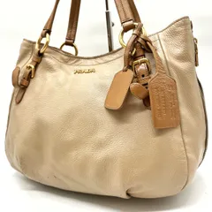 【良品】 PRADA プラダ トートバッグ ハンドバッグ バックル ゴールド金具 ロゴ型押し A4収納 大容量 ネームタグ 総柄 白タグ ヴィッテロダイノ レザー 肩掛け レディース ベージュ 肌色