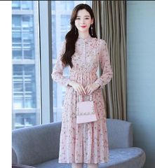 ワンピース レディース 春 夏 40代 50代 きれいめ 膝丈ワンピース 春 長袖 シフォンワンピ 花柄 フリル プリーツ ロング丈ワンピ オシャレ 着痩せ 上品 新作 レディース - ワンピース・新品、未使用