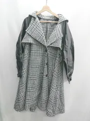 ◇ ⊇ JUNOAH ジュノア 異素材切替 チェック 長袖 ロングコート サイズM ブラック系 レディース E  【1411280024447】