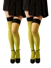 [Leiasnow] ガーター ストッキング 網 タイツ ニーハイ オーバーニー 可愛い ガーターベルト不要 滑り止め付 レディース (フリーサイズ, イエローグリーン・2) [イエローグリーン・2] [Free Size]