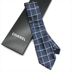 未使用保管品 CHANEL シャネル ロゴ チェック 格子 チェーン メンズ 紳士 ビジネス ファッション 服飾小物 ネクタイ ネイビー m14295