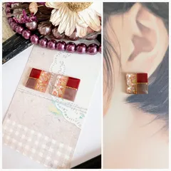 バイカラー スクエア ピアス イヤリング ワインレッド×ココアブラウン