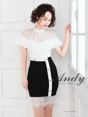 ホワイトブラック[AN-OK2319]【Andy/アンディ】バイカラー/ レース切り替え/ ハイネック/ フレアスリーブ/ 半袖/ タイト/ フロントボタン/ ミニドレス/ ワンピース/ キャバドレス
