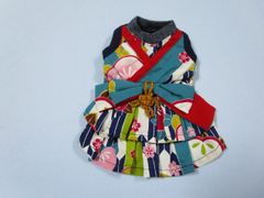 Hand made　胴回り30㎝　着物デザイン ワンピース　ネイビー系　中古
