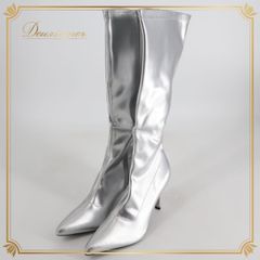 【レディースシューズ】シルバー FUNTASMA ロングブーツ 銀 レディース ヒール 普段使い 発表会 ダンス パーティ 光沢 艶 ヒール10CM サイズ8 発表会用 足元おしゃれ 商品箱付き イベント用