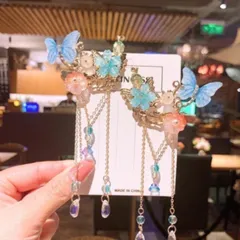 蝶々 花モチーフ チェーン 下がり飾り ヘアクリップ ブルー ピンク 髪飾り