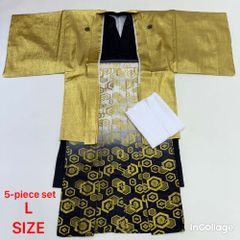 紋付袴 5点セット 着物 羽織 袴 長襦袢 角帯 裄75.5cm 袴丈89cm L 金 黒 五つ紋 中古 4514