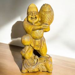 木彫り 恵比寿 七福神 木製 恵比寿様 商売繁盛 開運 縁起物 彫刻 仏像 古美術 インテリア 置物 オブジェ 骨董品 アンティーク