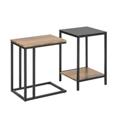 【特価商品】ネストテーブル 2個セット コの字型 ナイトテーブル 木目調/ガラス