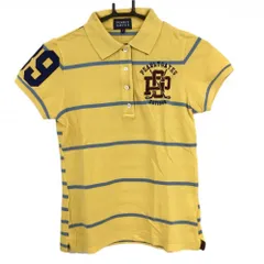 【美品】パーリーゲイツ 半袖ポロシャツ イエロー×ライトブルー 身頃ボーダー 襟裏ロゴ レディース 0(S) ゴルフウェア PEARLY GATES