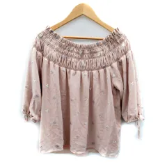 マジェスティックレゴン MAJESTIC LEGON ブラウス カットソー 七分袖 オフショルダー 刺繍 花柄 リボン M ピンクベージュ /SY4