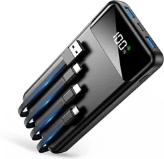 モバイルバッテリー 大容量 56800mAh 【４つのケーブル内蔵＆五台同時充電】 急速充電 2.4A出力対応 LCD残量表示 PSE技術基準適合 低電流対応 Type-C入力ポート+2USB-A出力ポート iPad/iPhone/Android全種機器対