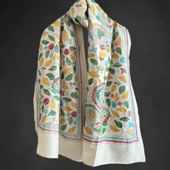 野蚕シルクストール　カンタ　手刺繍　翡翠色の渋め　タッサーシルクストール 野蚕シルクストールカンタ手刺繍翡翠色の渋めタッサーシルクストール