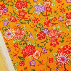 約110×50cm　紅型風 和柄 花鳥風月 ブロード生地  AP52109-1B オレンジ　生地 布地 布 ハンドメイド