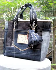 №738【DENIM✖️キルティングminnePouch付サイドポケット巾着ToteBAG⚮̈♥ 】デニムリメイクトートバッグ👖