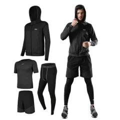 【迅速発送】Ademe メンズ コンプレッションウェア セット トレーニングウェア 5点セット 通気防臭 スポーツウェア ランニングウェア パーカー 長袖シャツ 半袖シャツ ハーフパンツ タイツ 吸汗速乾